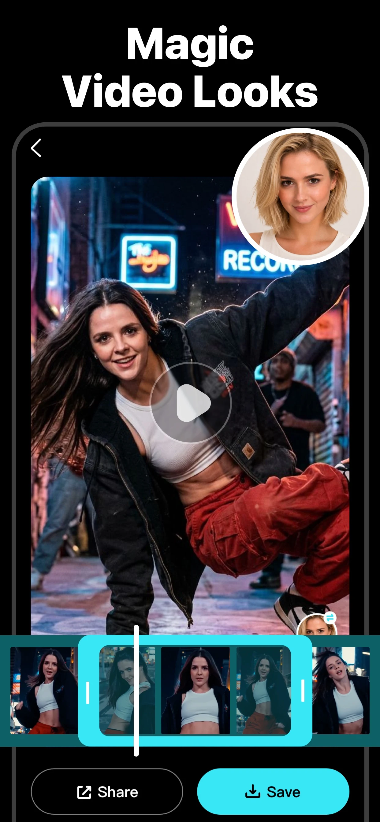Current App Store artwork showing video preview, timeline, Share and Save controls
