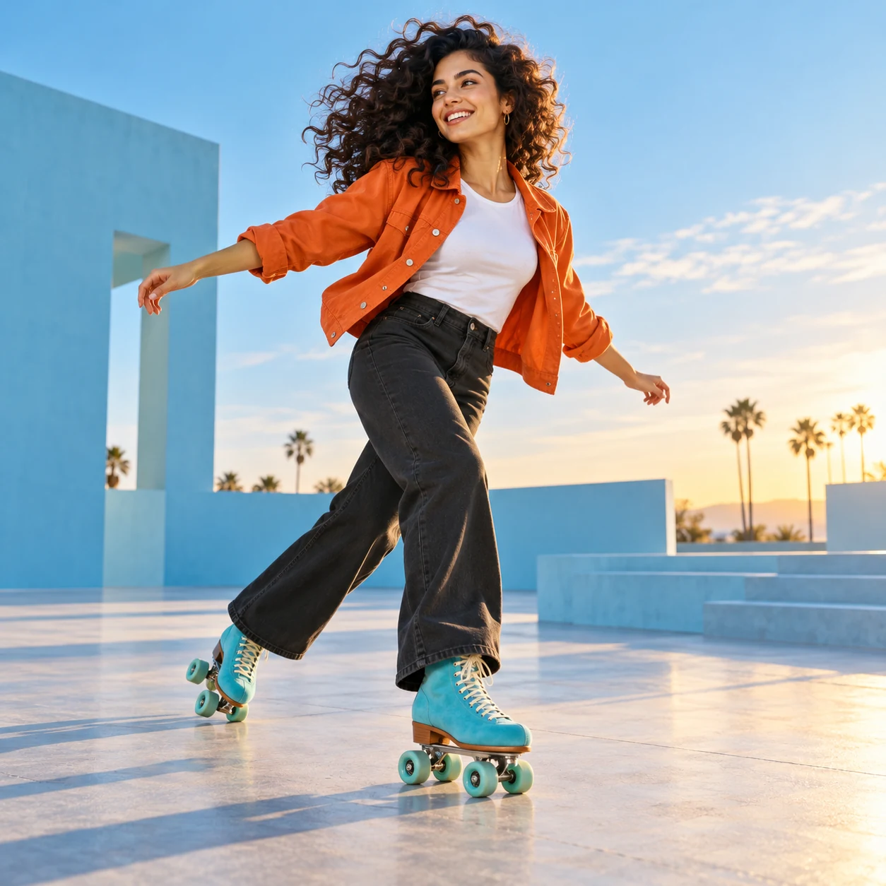 A fictional adult roller skater in an orange jacket in a pastel blue plaza, a creative illustration